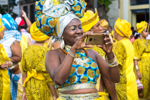 Recife, Brazil - February 8th, 2018: Portrait of a female dancer carnival parade. The comparsas and dancers parades from Av Rio Branco to the stage at the waterfront. (Shutterstock-Ruben M. Ramos)